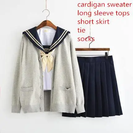 Популярная осенне-Весенняя школьная одежда для девочек костюм моряка японского аниме косплей школьная форма кардиган свитер+ топ+ юбка+ галстук - Color: cardigan sets A
