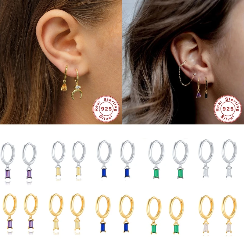 Hoop Earring Fine-Jewelry 925-Sterling-Silver Bling Zircon Hanging-Pendientes Colorful
