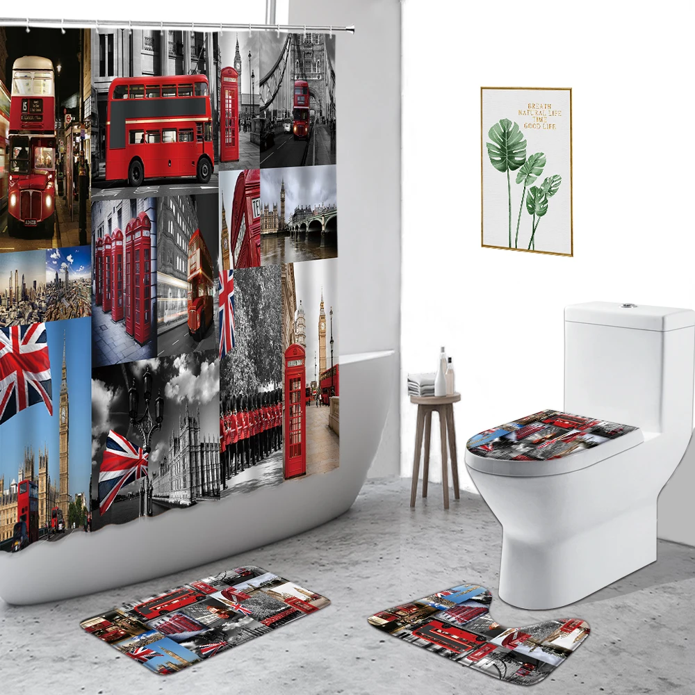 

London Street View Shower Curtain Telephone Booth Bus Creative City Background Bathroom Decoration Set Non-Slip Bath Mat Carpet