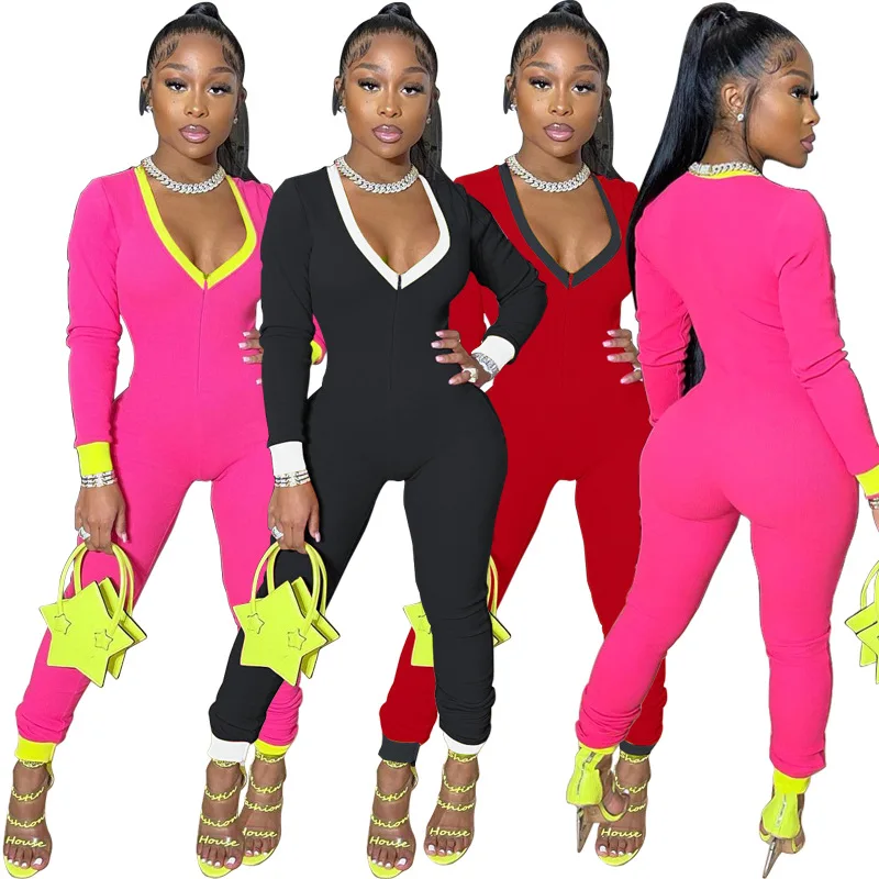 Plus Size Jumpsuit Bodycon V-Neck Sport Suit Zipper Sexy Patchwork Thermal Slim Body Long Sleeve Color Rompers Tracksuit Women