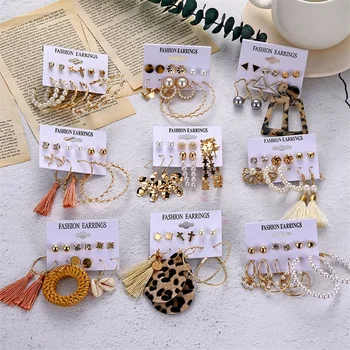 

EN Fashion Women's Earrings Set Pearl Tassel Stud Earrings For Women New Bohemian 2020 Cross Crystal Leopard Earring Set Jewelry