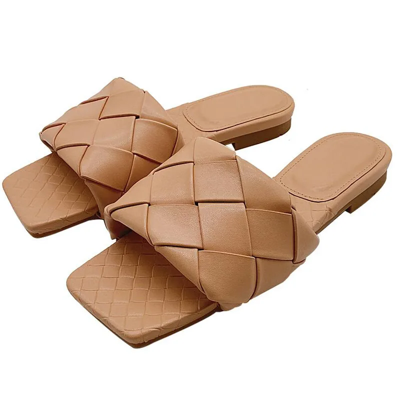 

hight colors Vintage Square Toe Flat Weaving Sandals Women Open Toe Gingham Slipper Sandals Summer Designer Shoes Women Yy689-8