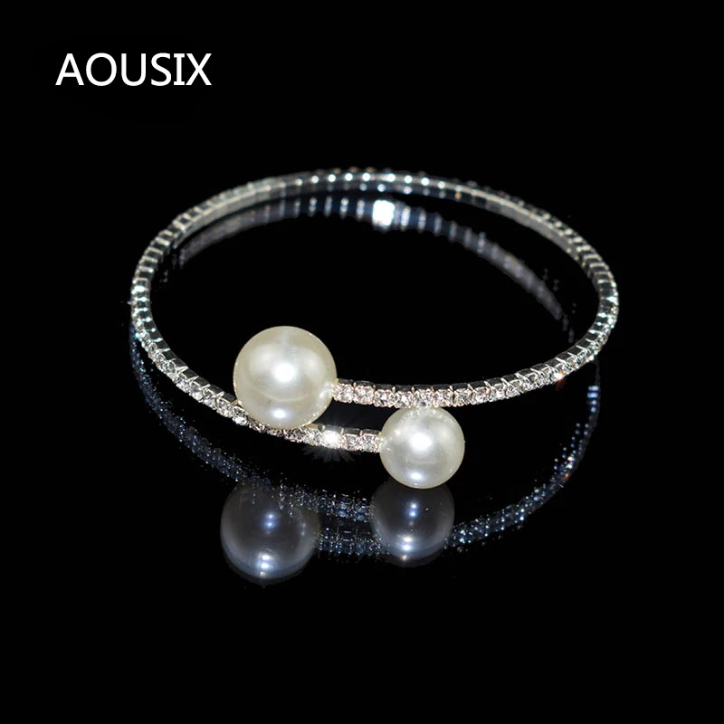 Elegant Crystal Imitation Pearl Open Bracelets for Women Gold Silver Plated Cuff Bangles necklace set Pulseras Mujer Jewelry 5
