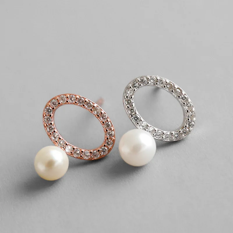 

100% S925 Sterling Silver Earring Simple Geometric Oval Shell pearl Circle CZ Crystal Stud Earrings For Women Lady Bride Gift