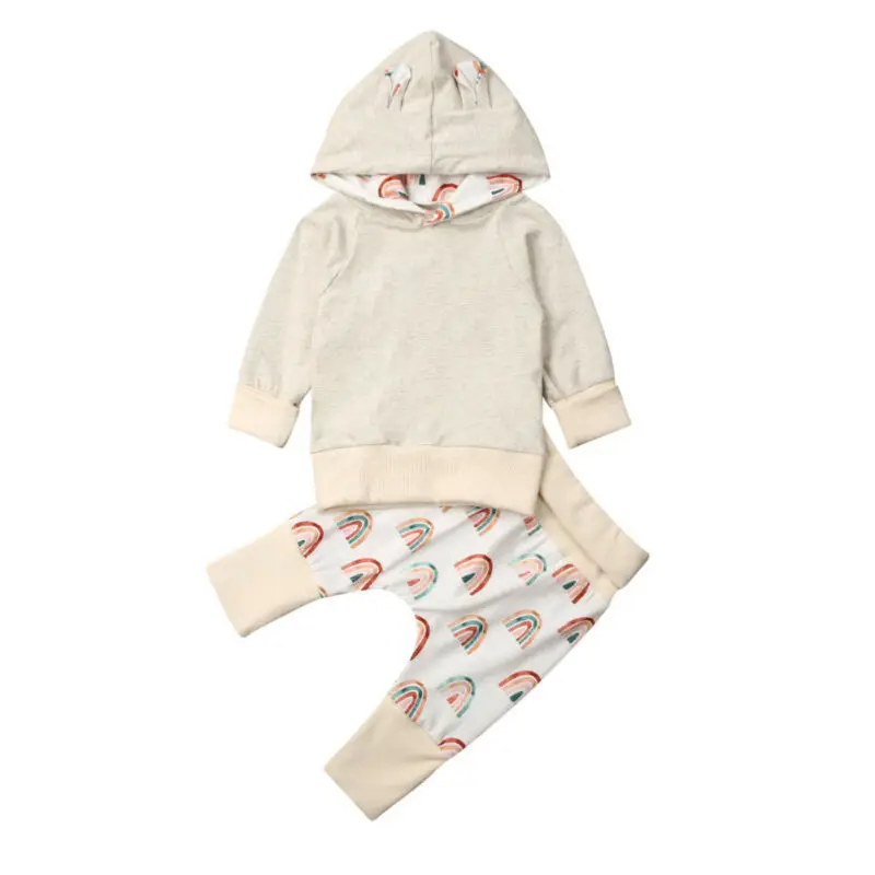 

0-18M Infant Baby Boy Girl Autumn Clothes Sets Print Hooded Tops Rainbow Long Pants Outfit Set