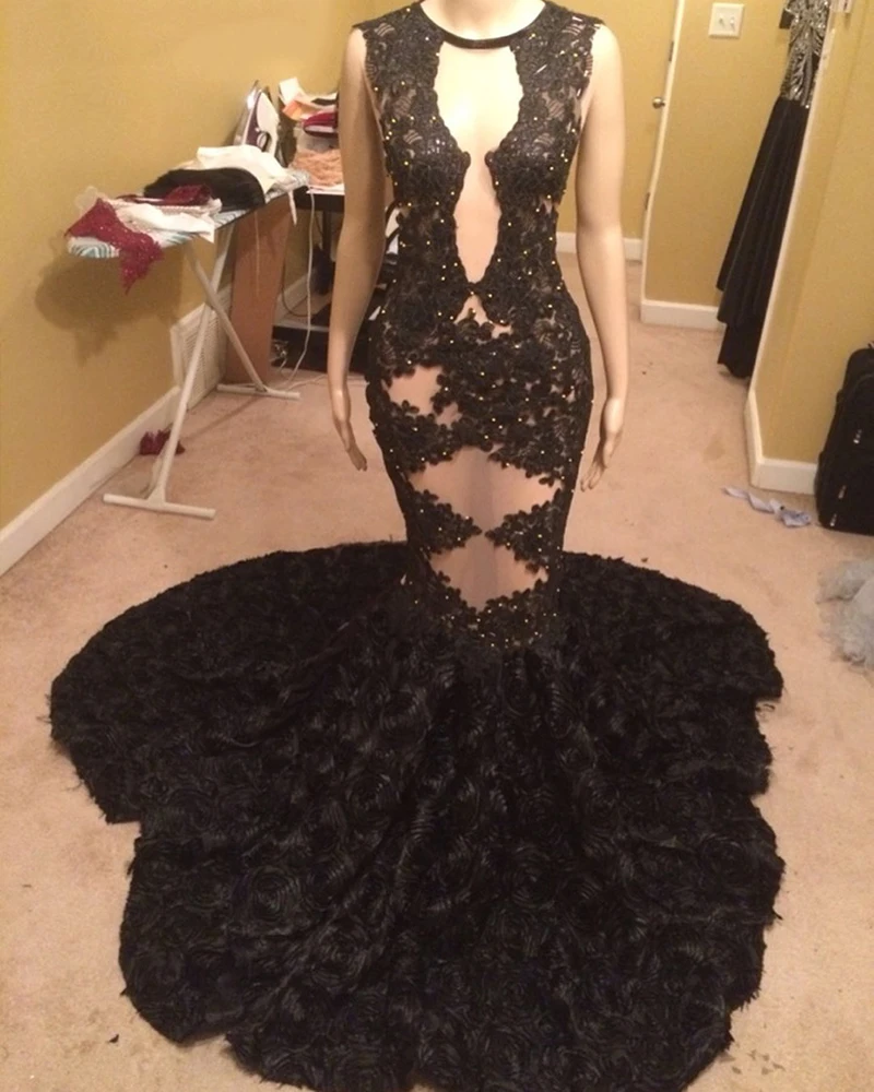 Африканская темнокожая девушка платье выпускного вечера Потрясающие бисерные аппликации o-образным вырезом без рукавов 3D Цветы Черный Русалка платье выпускного вечера es