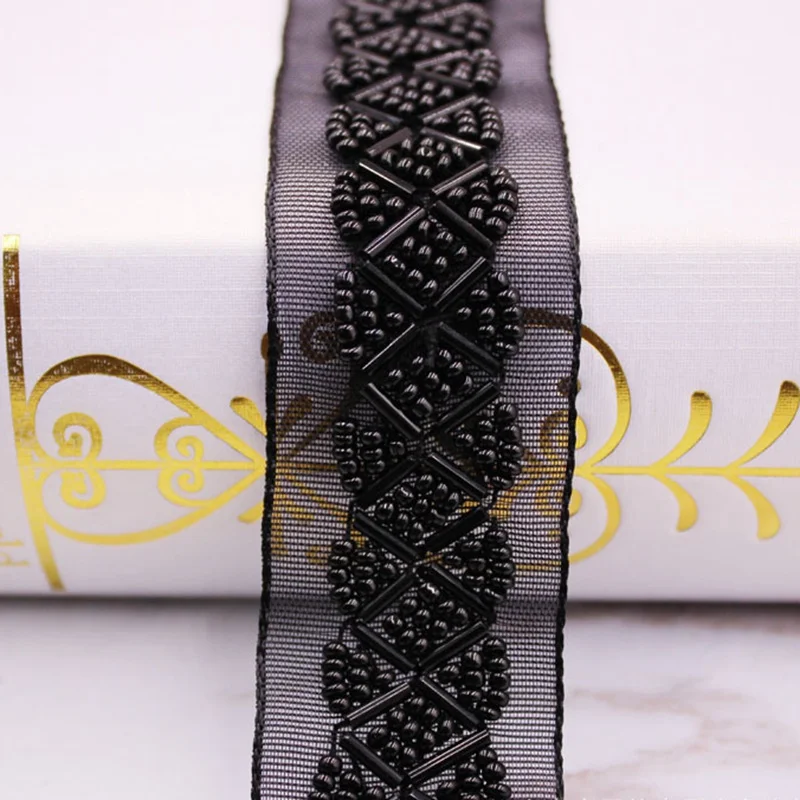 1Yards/Lot Black Beaded Lace Ribbon Lace Fabric beaded fringe Lace Trim Embroidered Collar Decoration African Lace Fabric Sewing - Цвет: 3.   SG-102