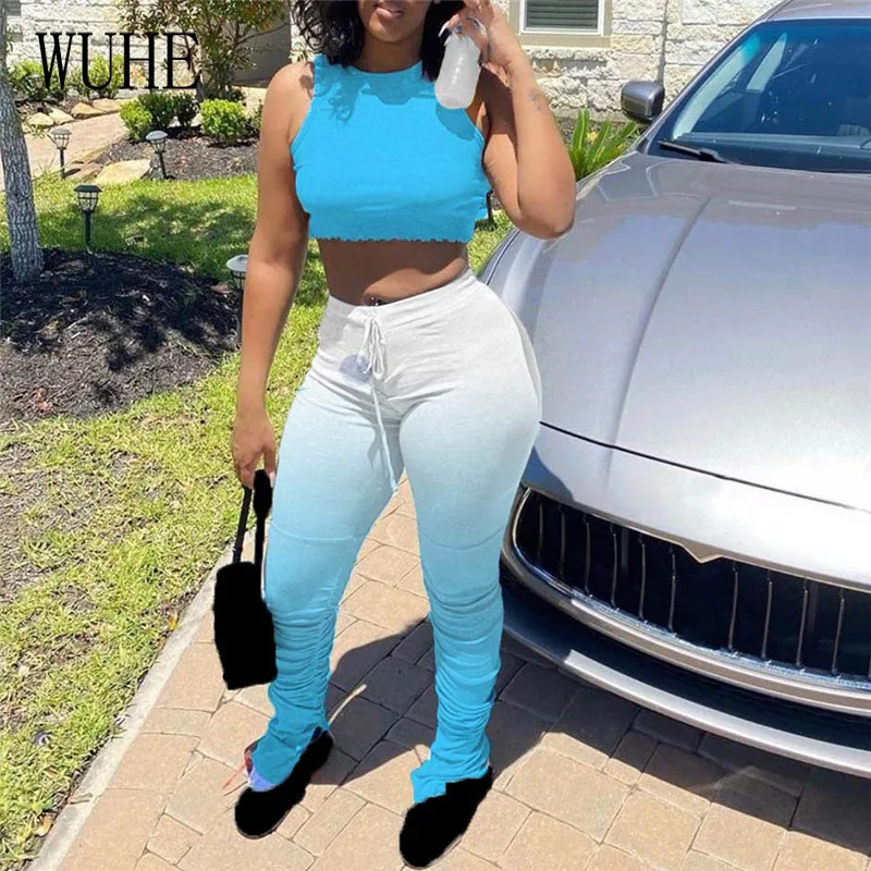 

WUHE Two Piece Sets Mini Tank Tops Gradient Stacked Bell Bottom Flare Jogger Sweappant Suit Tracksuit Sport Women Matching Set