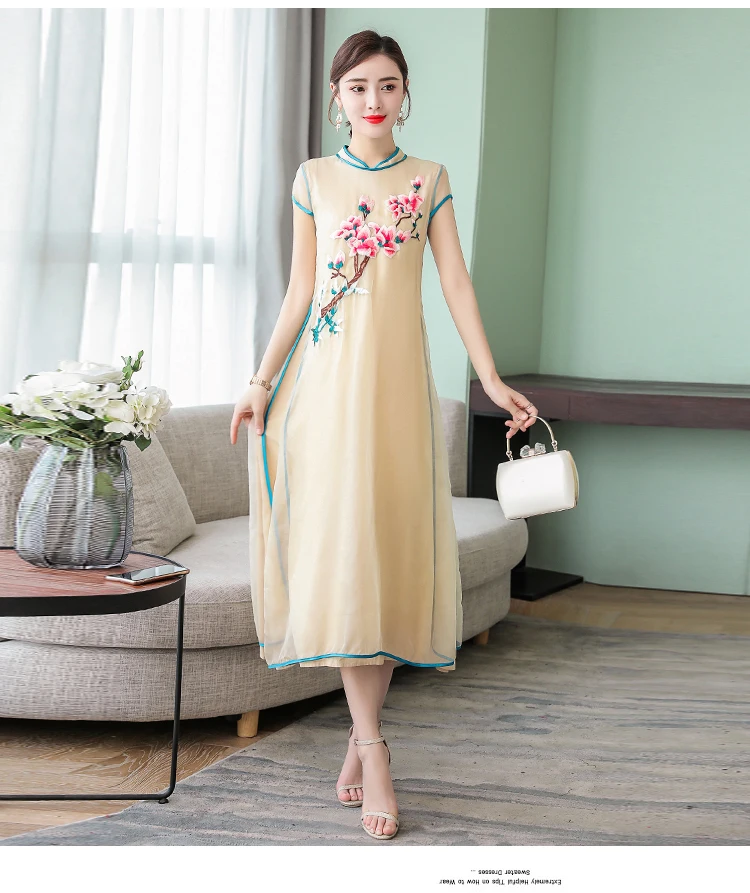 Fs5972@ лето стиль женское платье ретро Cheongsam большой размер платье шифон Вышивка с коротким рукавом длинное платье