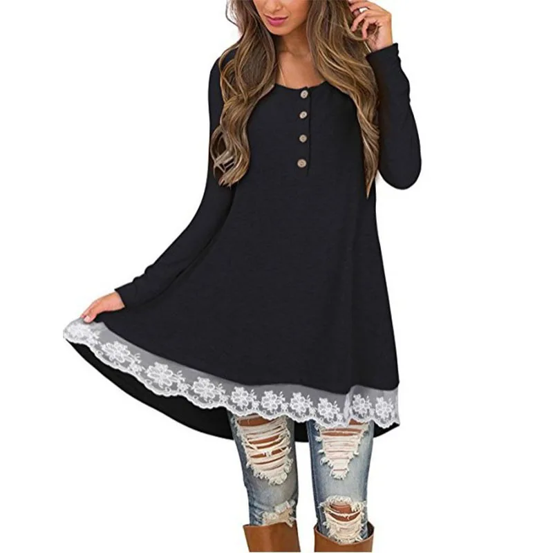 

2018 Autumn And Winter Hot Selling Europe And America Long Sleeve Button Crew Neck Lace Dress