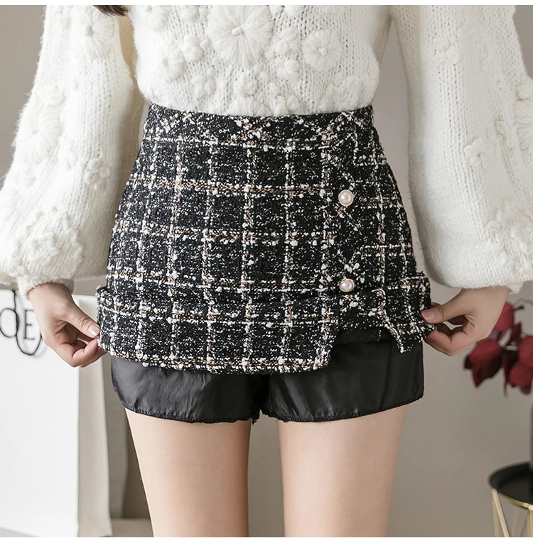 Autumn Winter Mini Tweed Skirt Women Elegant Plaid Skirts Ladies Fashion Korean High Waist Buttons Sexy Short Skirts Package Hip