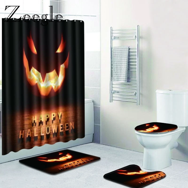 Zeegle Halloween Bath Mat Set with Shower Curtain Absorbent Foot Mat Anti-slip Toilet Seat Cover Mat Bathroom Doormat Toilet Set