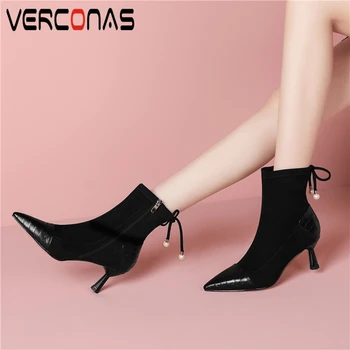 

VERCONAS New Genuine Leather Concise Woman Ankle Boots Elegant Butterfly-Knot Autumn Winter Fashion Office Lady Zip Boots Woman