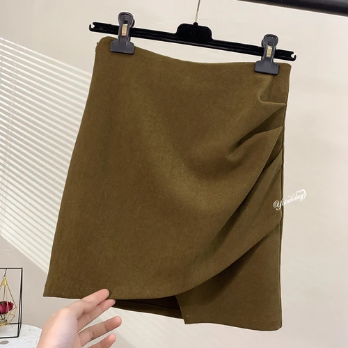 khaki Women Skirt Autumn Irregular High Waistband Skirts Wrinkled Character Skirt Solid - Color: khaki