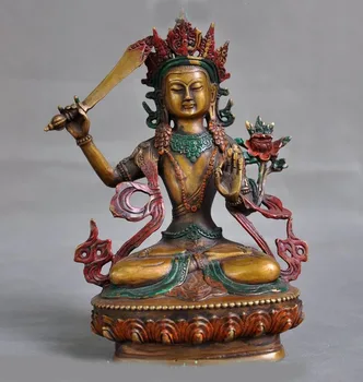 

wedding decoration 9"Tibet buddhism bronze Painted hold sword tara Kwan-yin GuanYin goddess Statue