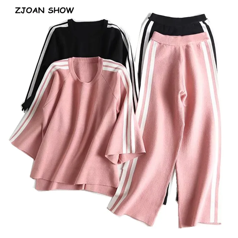 

2019 Autumn Side Striped Knitting Pullovers Sweater Casual Women Elastic Waist Mid Calf Wide Leg Pants 3/4 Sleeve 2 Pieces Set