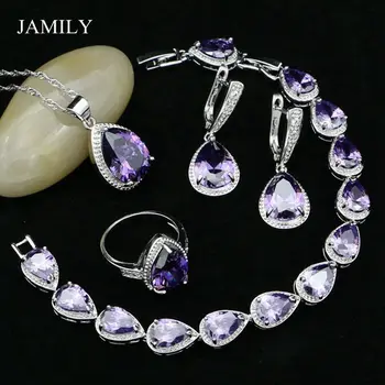 

Fashion Silver 925 Jewelry Sets Purple Cubic Zirconia Crystal Beads For Women Drop Earrings/Pendant/Ring/Bracelet/Necklace Sets