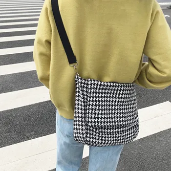 

Women's Canvas Shoulder Bags Houndstooth Printing Soft Handbag Casual Bags Shopping Ladies Shopper Tote Crossbody Messenger Bag