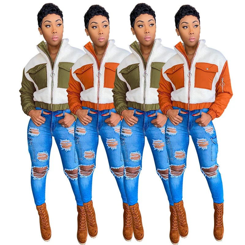 

Lamb Cashmere Compound Patchwork Long Sleeves Zipper with Pockets Warm Women Coat New Arrival Autumn Casual Style Outfits