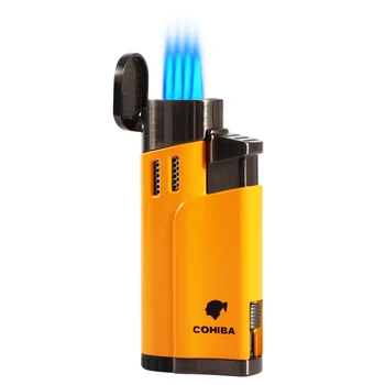 

COHIBA Metal 4 Jet Torch Cigar Lighter Cigaratte Mini Pocket Windproof Gas Lighters Refillable Blue Flame Fire Starter