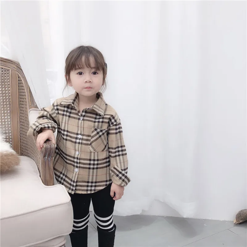 

2019 autumn and winter boys and girls parent-child plaid shirt basic models sanding loose casual shirt khaki