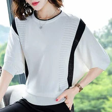 shintimes Pull Femme Hollow Out Thin Sweater Short Sleeve Patchwork Knitted Sweaters Pullover Loose Woman Clothes Sweter Mujer
