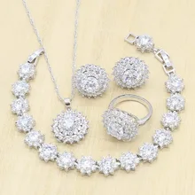 AAA белый цирконий серебряные Ювелирные наборы серьги-гвоздики Подвеска из колец Ожерелье Браслеты для женщин День рождения Свадьба Подарок