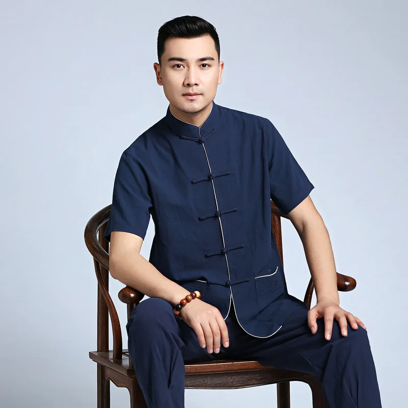 

New High Quality Chinese Style Pure Cotton Tang Suit Men Short Sleeve Top And Pants Kung Fu Sets Button Costume Streetwear