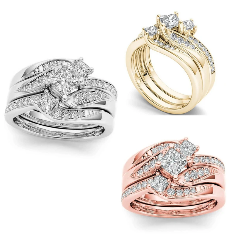 Exquisito conjunto de anillo de novia para mujer, banda de boda de oro de moda, joyería, anillos de compromiso y amor para mujer Size5-11