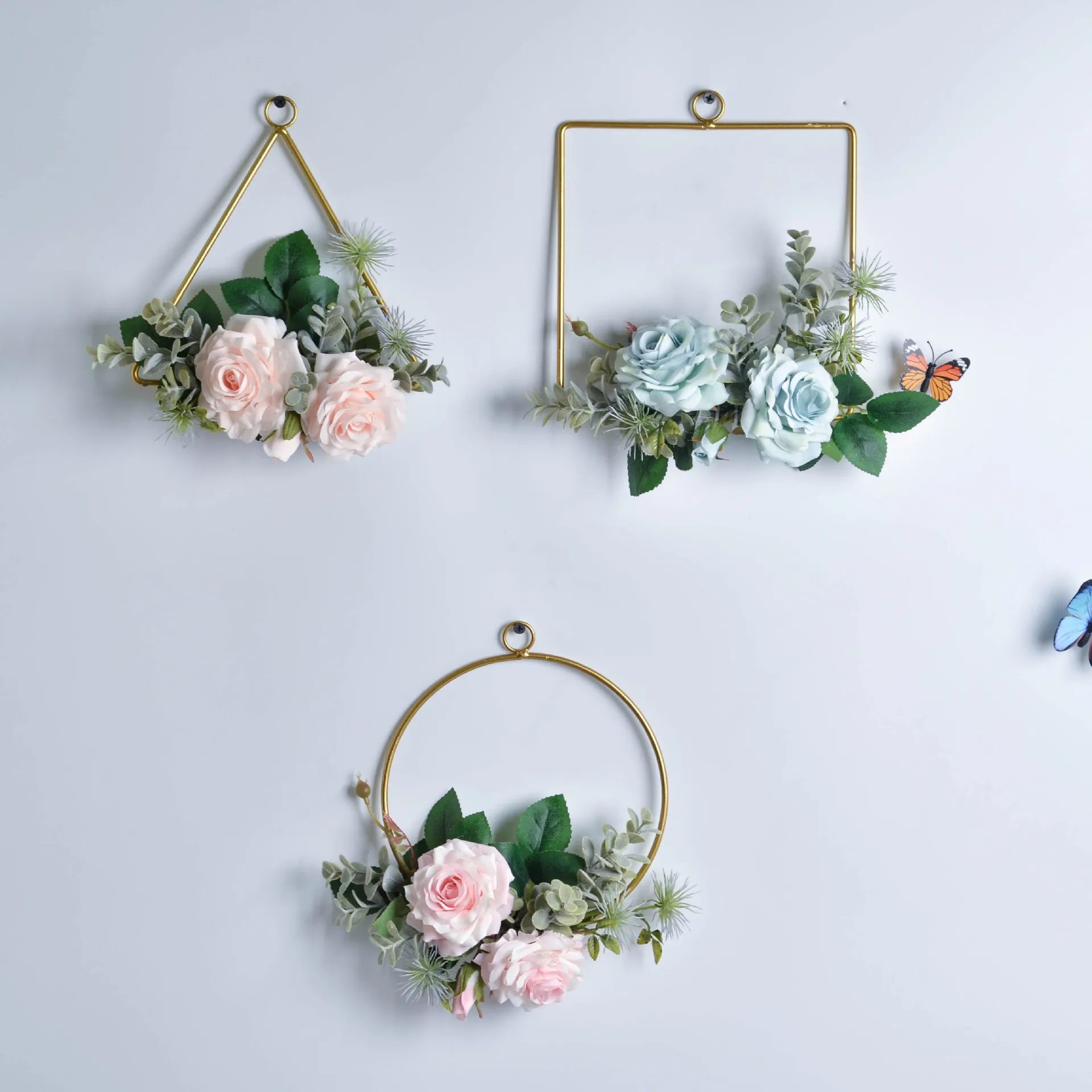 Geometric Floral Hoops Artificial Flower Wreath Metal Wedding Hanging Decor 
