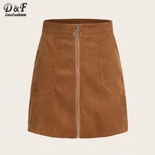 Dotfashion, повседневная Вельветовая прямая женская юбка с О-образным кольцом на молнии спереди, осень, юбки с карманами, Женская плотная мини-юбка