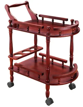 

Hotel Red Wine Tea Delivery Car Double Wooden Round Wine Cart Cake Car Dessert Mobile Service Trolley