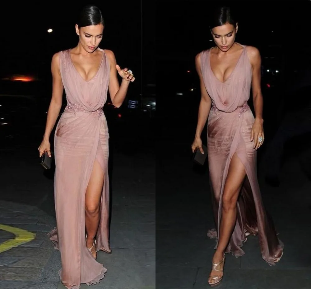 

2020 Sexy Deep V-Neck Chiffon Evening Dresses Red Carpet Evening Gowns Long Prom Party Gown Side Split Custom evening dress