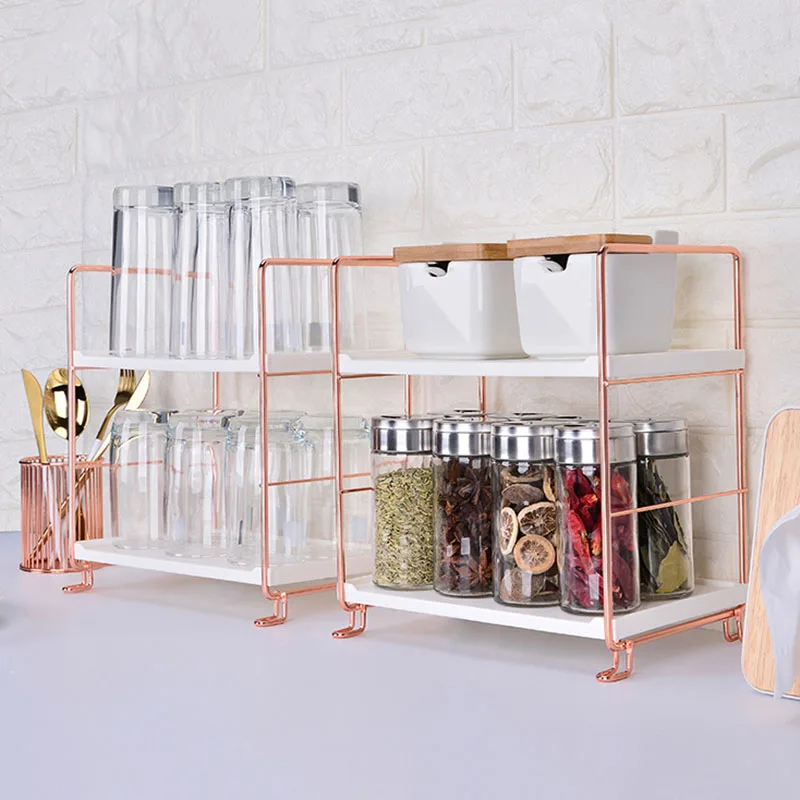 

2 layer 24.8*16.8*28 Iron Art Multi-functional Storage Rack Bathroom Kitchen Kit Silver/Rose Gold for Kitchen Bathroom Organizer