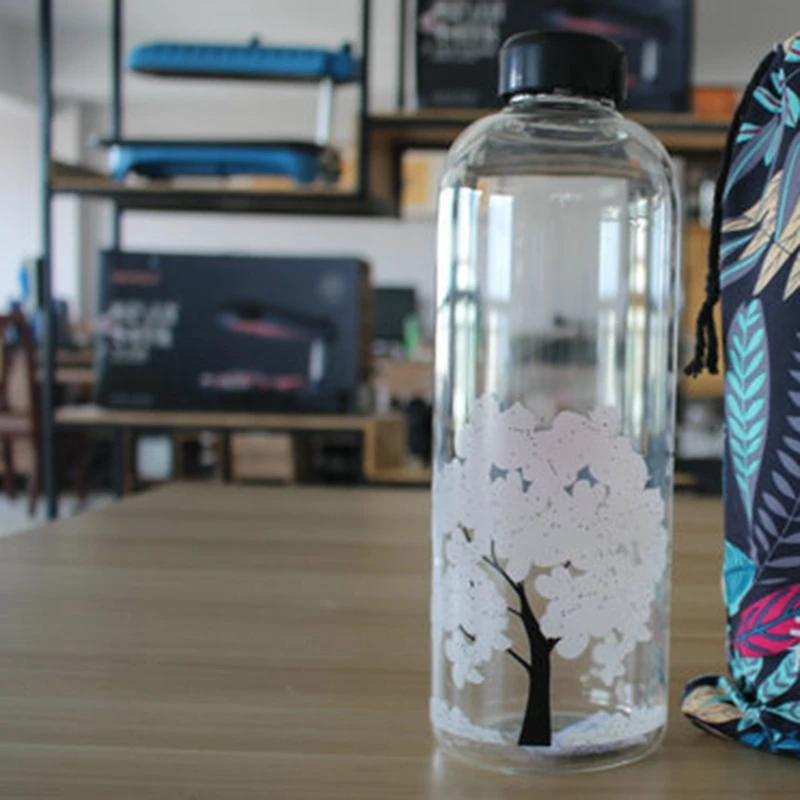 420 мл Вишневый градиентный цвет стеклянная бутылка для воды с защитной сумкой для детей, студенческие милые модные спортивные бутылки для напитков