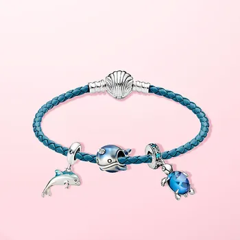 

2020 New Original 925 Sterling Silver Ocean Dolphin Turtle Seashell Clasp Turquoise Braided Leather Bracelet Woman DIY Jewelry