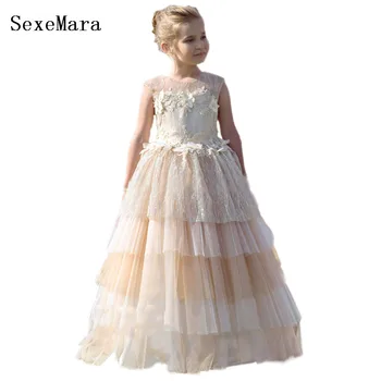 

Flower Girl Dresses for Weddings 2019 Sheer Neck Lace Little Girls First Communion Gowns Customize Size and Color