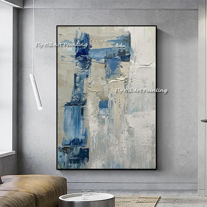 

Big size Handmade blue knife thick landscape abstract oil painting White gorgeous abstract Painting home decoration artwork