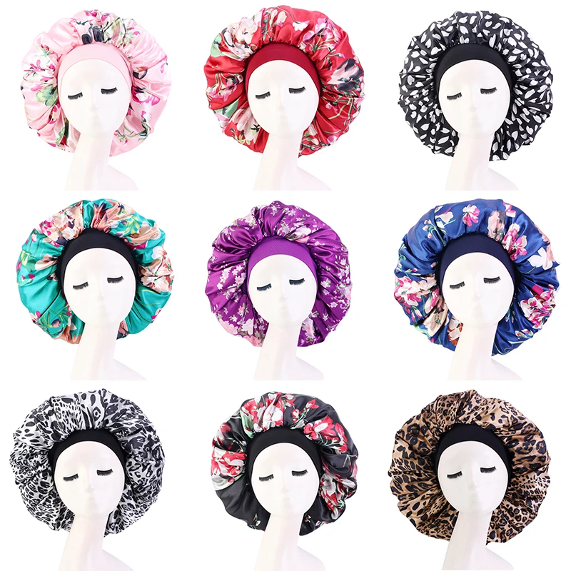 New Women Big Size Beauty print Satin Silky Bonnet Sleep Night Cap Head Cover Bonnet Hat for For Curly Springy Hair BlackTJM-408C Extra Large Print Satin Silky Bonnet Sleep CapTJM-408B Extra Large Print Satin Silky Bonnet Sleep Cap flapper headband