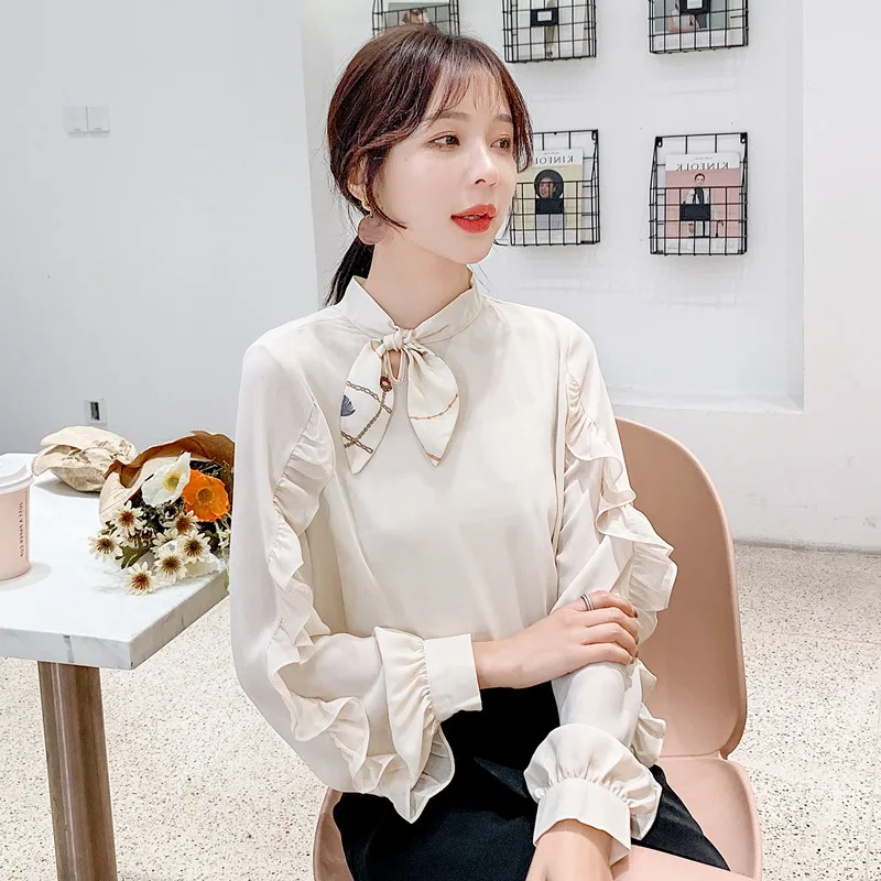 

LADY'S Shirt 2020 Spring New Style Stand Collar Tops Loose-Fit Flounced Chiffon Blouse Lace-up Long Sleeve Western Style WOMEN'S