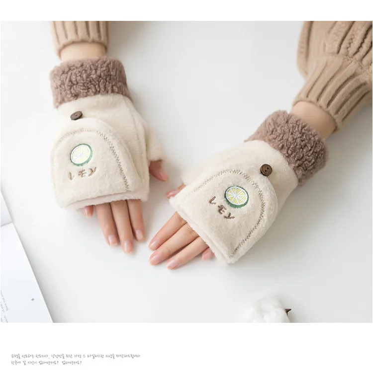 Sheng qi Half-finger Gloves Female Winter Cute Cartoon Students plus Velvet Sweet Japanese-style GIRL'S Touch Screen Warm Gloves