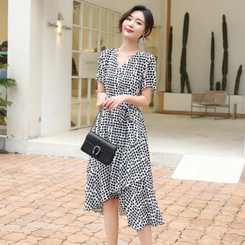 

Summer New Women Temperament Asymmetrical Ruffles Goddess Long Dresses Print V-neck Polka Dot Chiffon Dress
