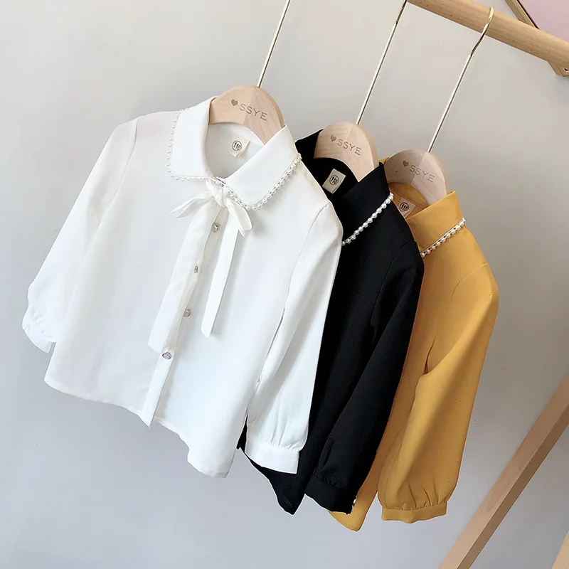 Little Girl's Chiffon Long Sleeve Shirt Autumn New Solid Casual Style Loose Shirt with Pearl Blouse Shirts Elegant