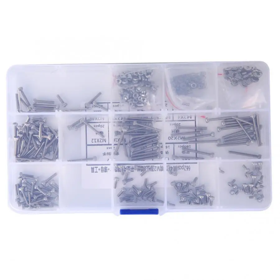 662 Pcs Screw 304 Stainless Steel M2 Socket Cap Head Screw+ Flat Washer+Spring Washer+Nut+Tool Hex Cap Screw