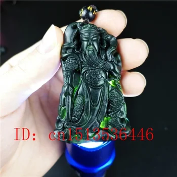 

Certified Chinese Natural Black Green Jade Guan gong Pendant Necklace Fashion Hand-Carved Man Woman Amulet Gifts Sweater Chain