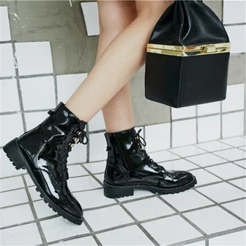 

YECHNE Lace Up Martin Boots Women Rainbow Mirror Genuine Leather Thick Platform Ankle Boots For Women Fashion Women Boots