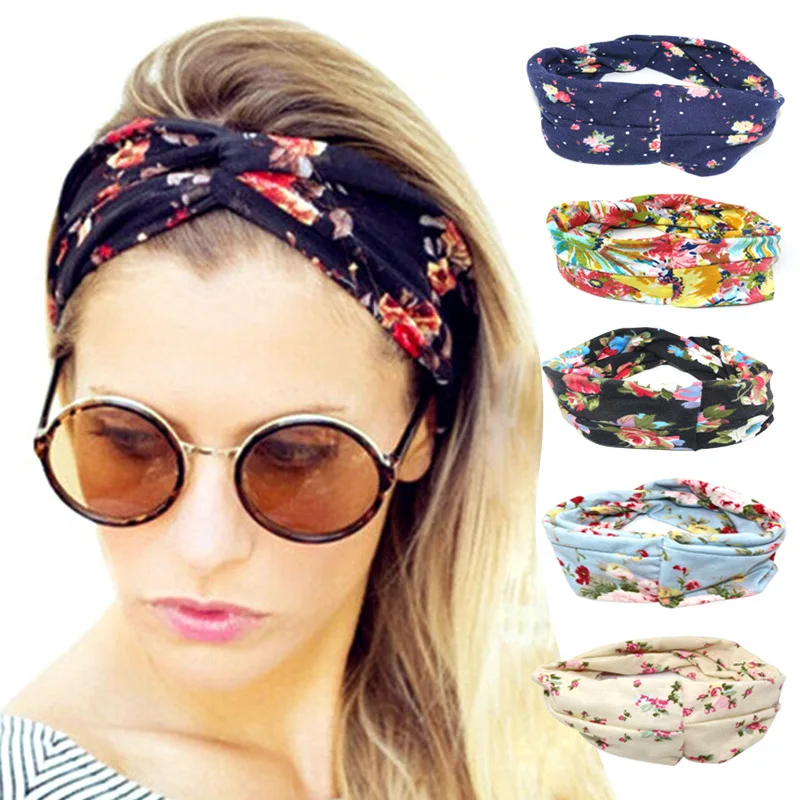 

Fashion Soft Cotton Headband Elastic Hair Bands Cross Knot Flora Printed Hairbands Turban Bandanas Hair Hoop Hair Accessories