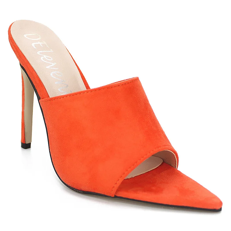 Новинка года; яркие сандалии в европейском стиле; роскошные Тапочки их меха под кролика; большие женские туфли; босоножки на высоком каблуке; Размеры 35-43 - Цвет: Orange microfiber