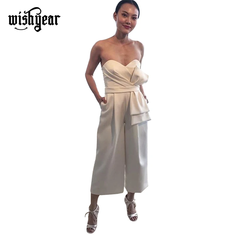 

Wishyear Large Bow Strapless Loose Jumpsuit Women Sexy Sweetheart Pockets Casual Romper Party Overalls Wide Leg Pants Playsuits