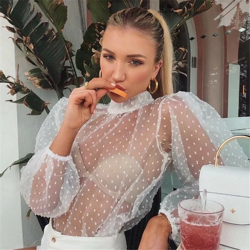 Summer Sexy Women Polka Dot Mesh Sheer See-through Tops Bikini Cover-Ups Puff Long Sleeve Blouse Shirts Beachwear Loose Top women beach tie waist sheer mesh stripes cover up top m white